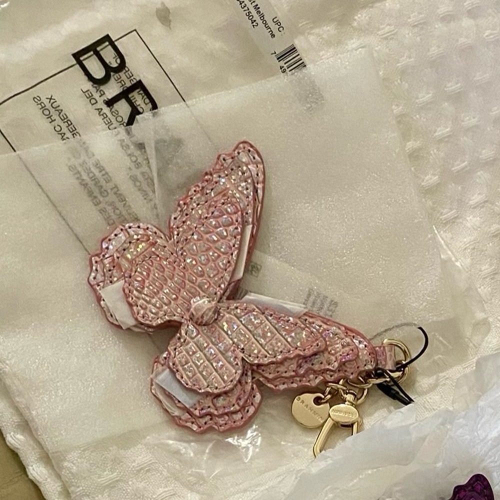 NWT Brahmin Butterfly Bag Charm Pixie Dust Pink Key Fob Flower Clip Leather Croc